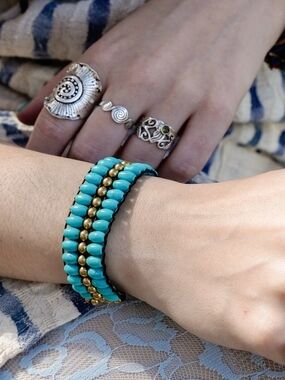 Turquoise Beaded Wrap Bracelet with Gold Accents